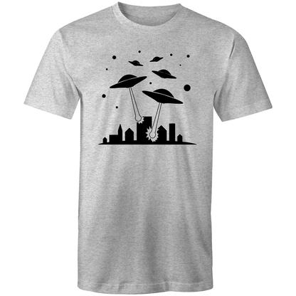 Space Invasion - Mens T-Shirt Grey Marle Mens T-shirt comic Funny Mens Retro Sci Fi Space