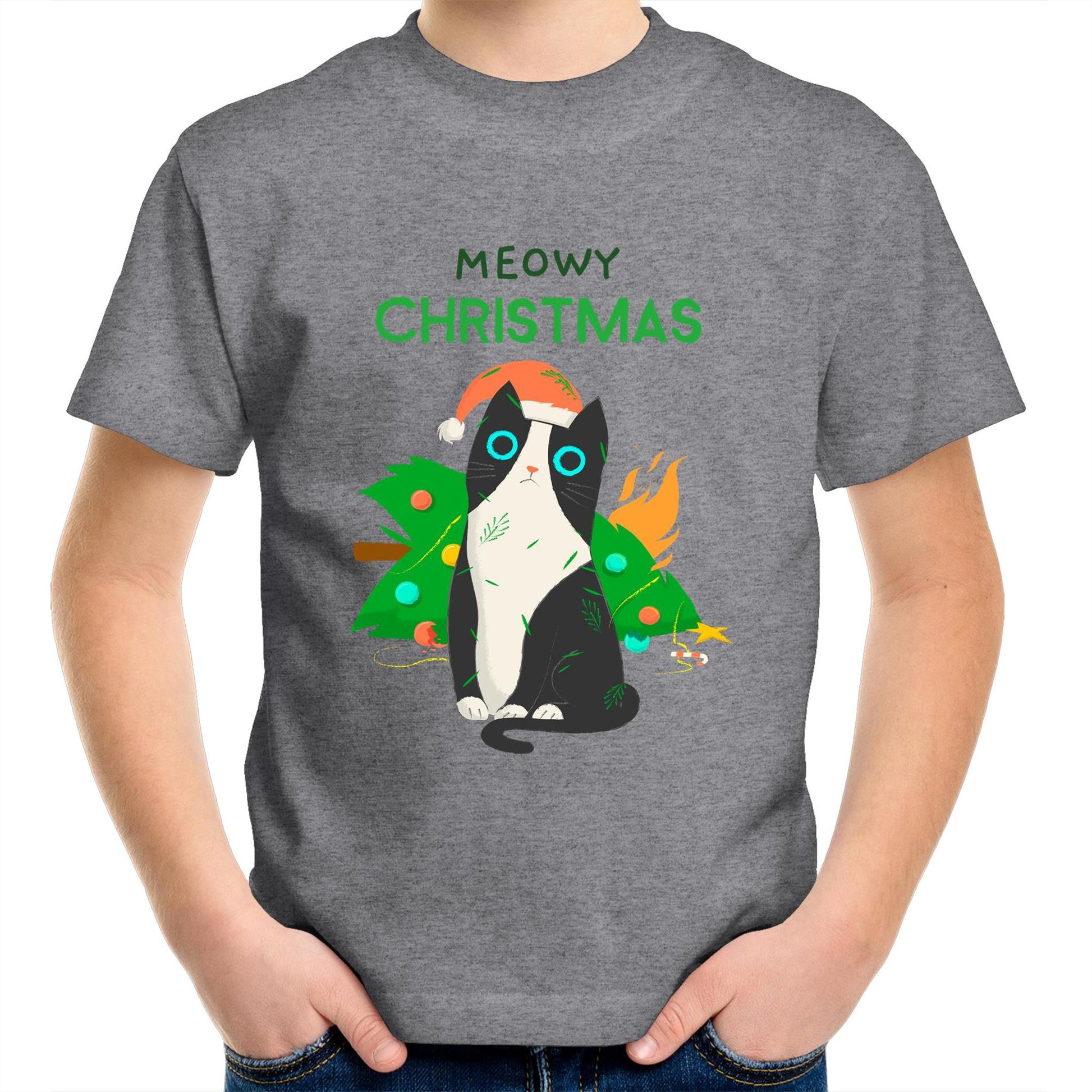Meowy Christmas - Kids Youth Crew T-Shirt Grey Marle Christmas Kids T-shirt Merry Christmas