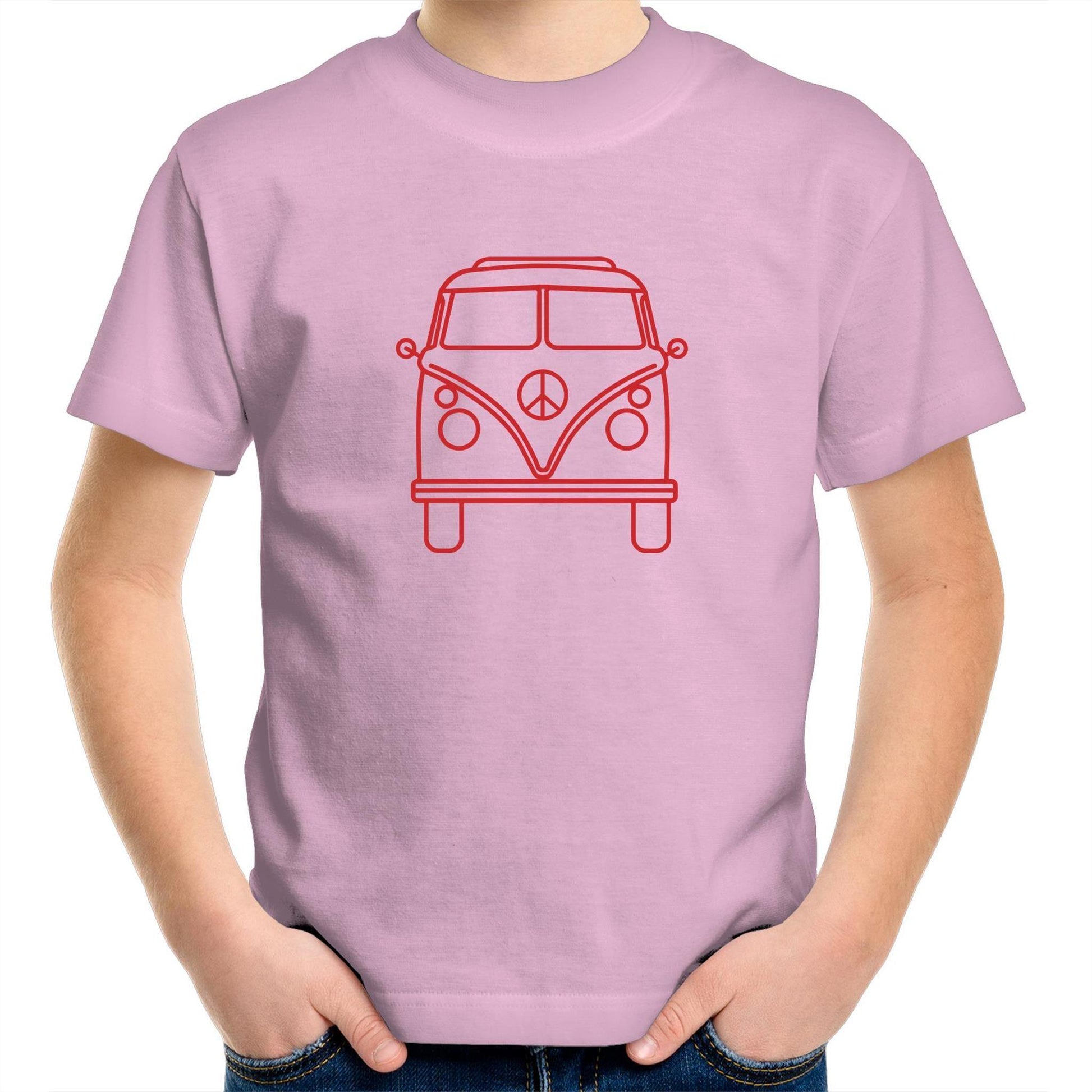 Beach Van - Kids Youth Crew T-Shirt Pink Kids Youth T-shirt Retro Surf