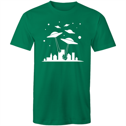 Space Invasion - Mens T-Shirt Kelly Green Mens T-shirt comic Funny Mens Retro Sci Fi Space