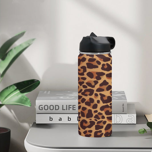 Leopard Print Insulated Water Bottle with Straw Lid (18 oz) Insulated Water Bottle with Straw Lid