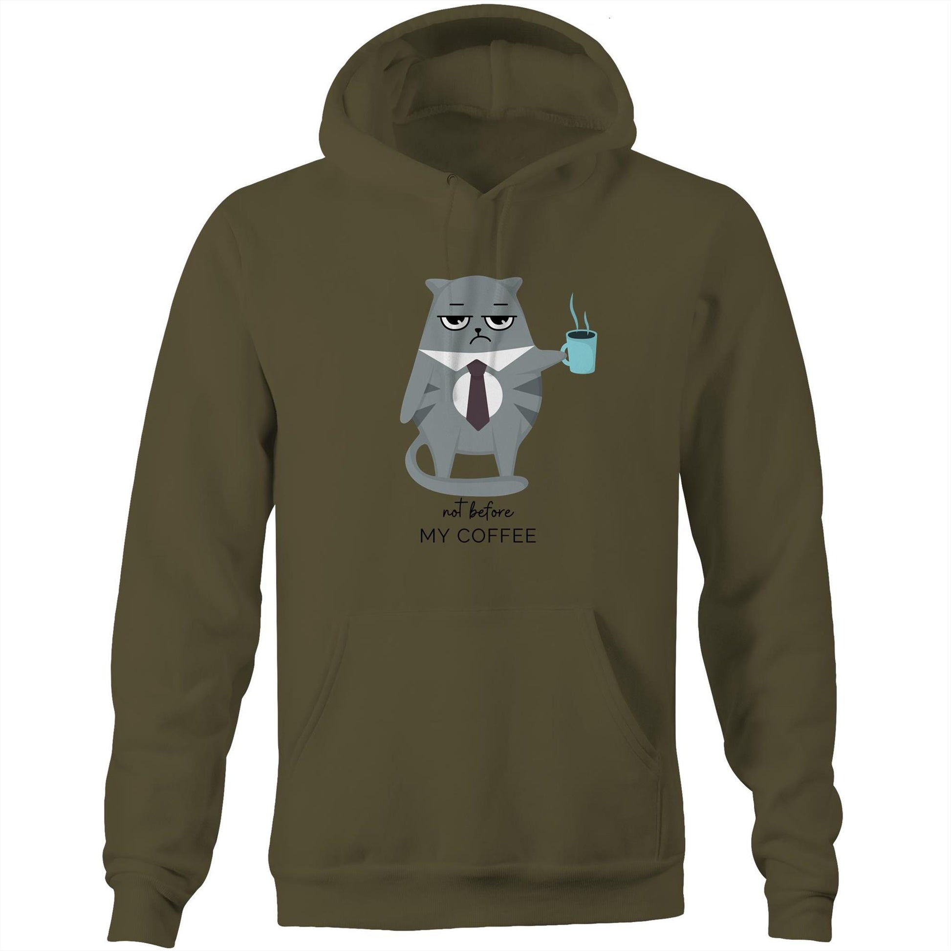 Not Before My Coffee, Cranky Cat - Pocket Hoodie Sweatshirt Army Hoodie animal Coffee
