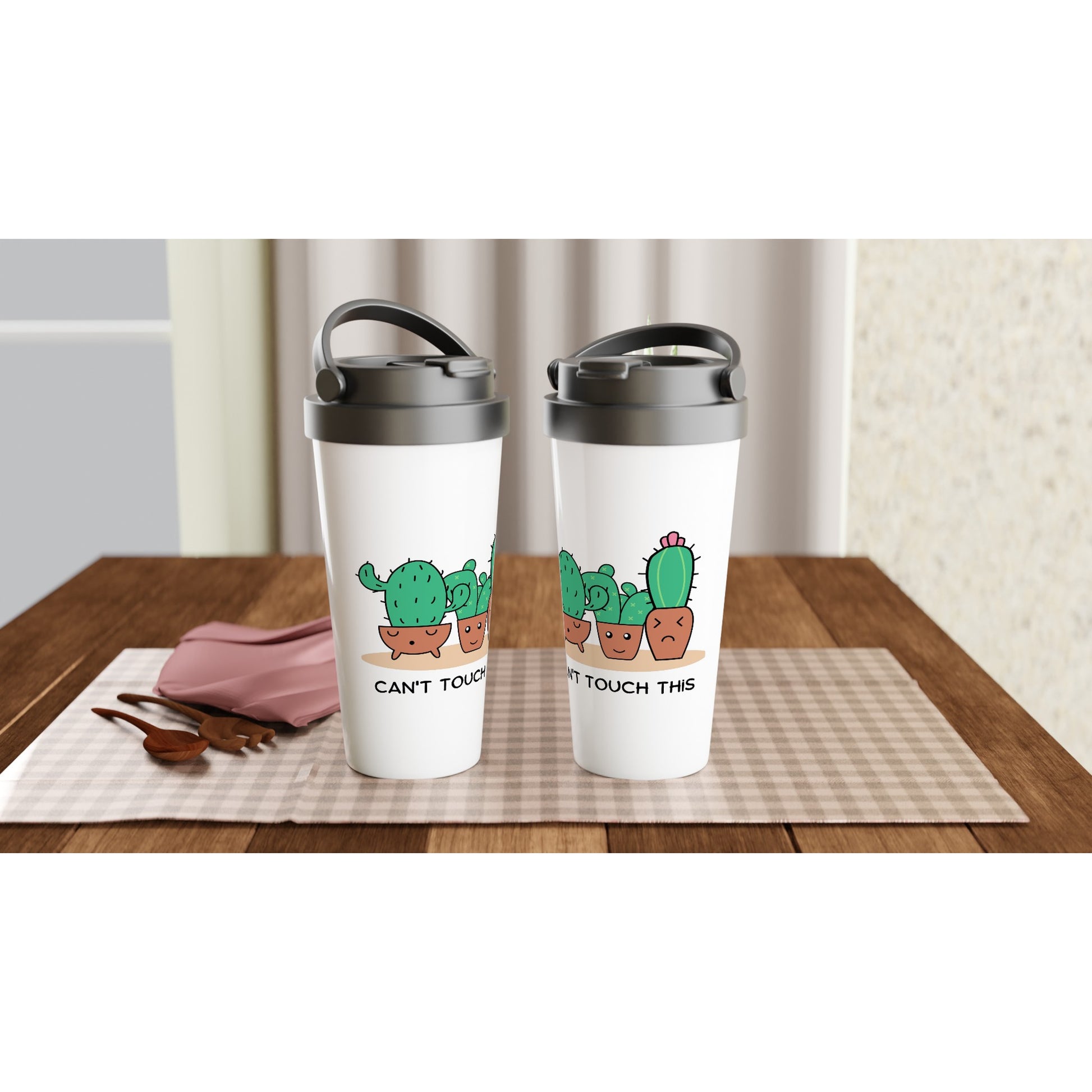 Can't Touch This, Cactus - White 15oz Stainless Steel Travel Mug Travel Mug Funny Globally Fulfilled Plants