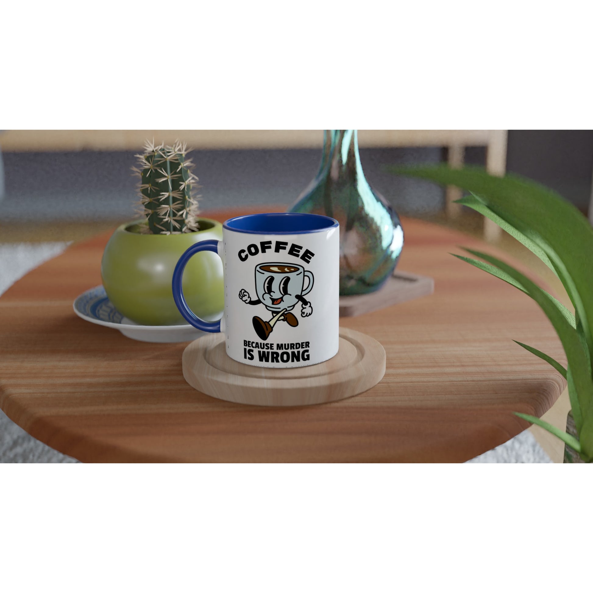 Coffee, Because Murder Is Wrong - White 11oz Ceramic Mug with Colour Inside Colour 11oz Mug coffee Globally Fulfilled retro