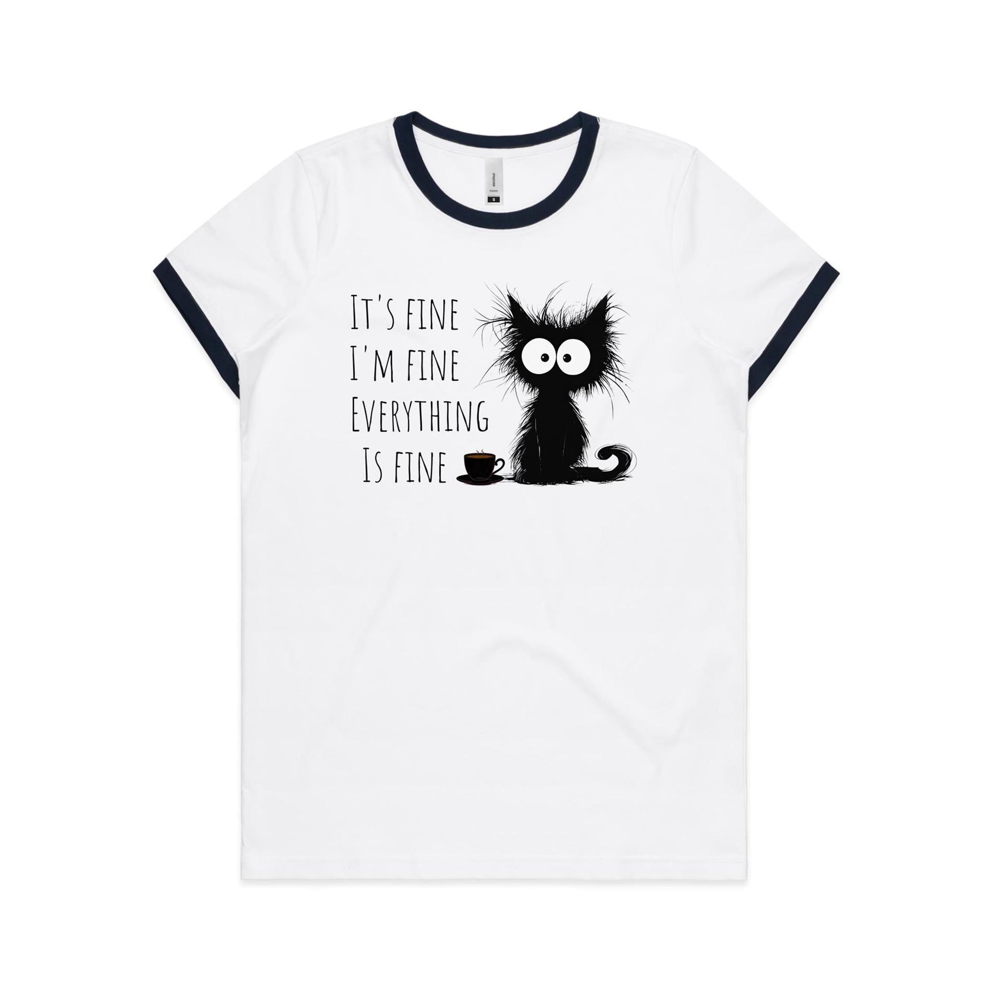 It's Fine, I'm Fine, Frazzled Cat - Women's Ringer Tee White Navy