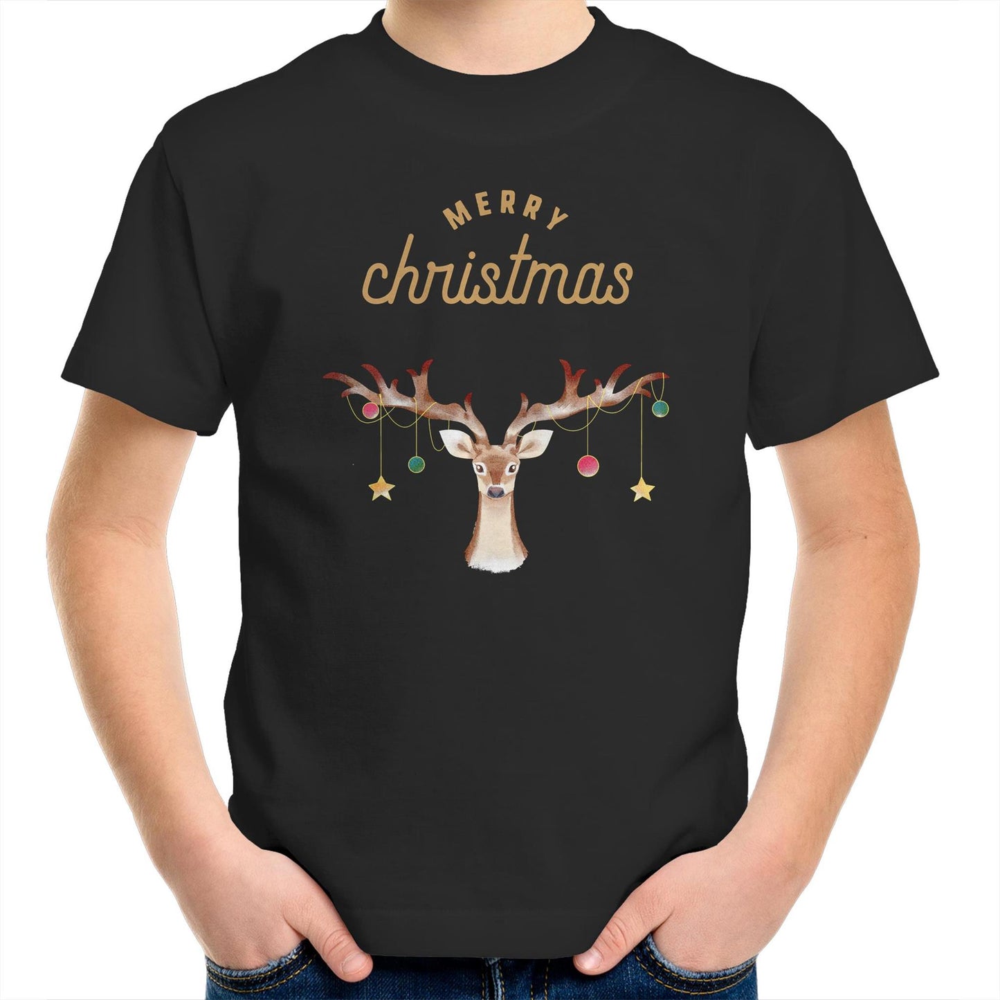 Merry Christmas Reindeer - Kids Youth T-Shirt Black Christmas Kids T-shirt Merry Christmas