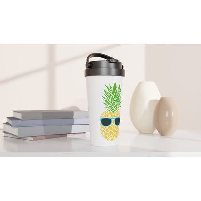 Pineapple With Glasses - White 15oz Stainless Steel Travel Mug Travel Mug Food Globally Fulfilled