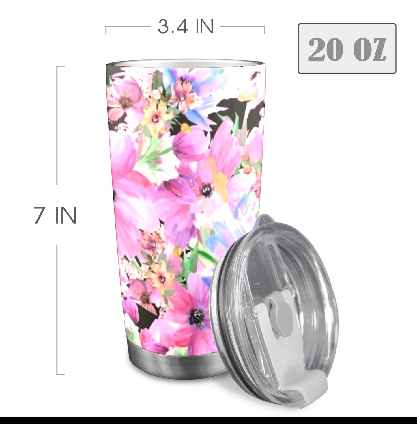 Bright Pink Floral - 20oz Travel Mug with Clear Lid Clear Lid Travel Mug Plants