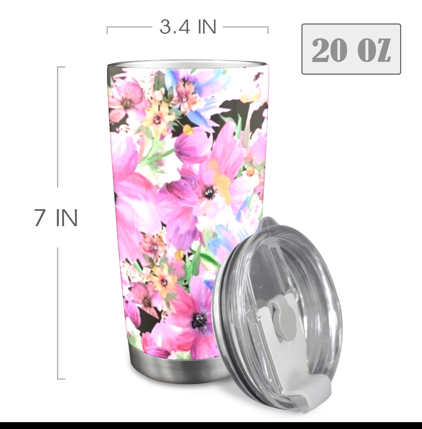 Bright Pink Floral - 20oz Travel Mug with Clear Lid Clear Lid Travel Mug Plants Printed Offshore