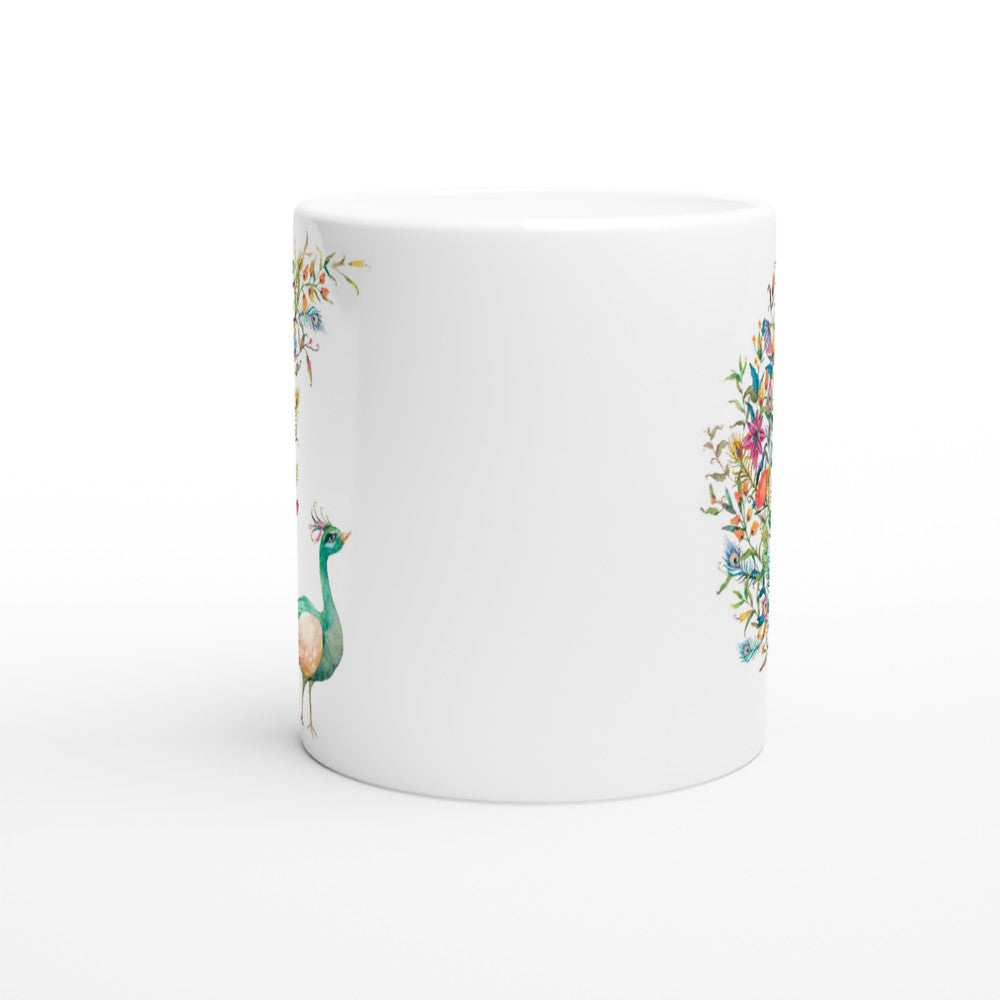 Flower Peacock - White 11oz Ceramic Mug White 11oz Mug animal coffee Globally Fulfilled tea