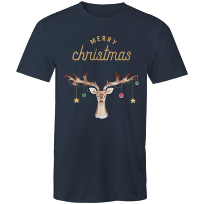 Merry Christmas, Reindeer - Mens T-Shirt Navy Mens Christmas T-shirt Christmas Printed In Australia