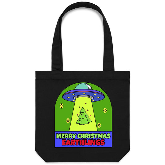 Merry Christmas Earthlings, UFO - Canvas Tote Bag Black One Size Christmas Tote Bag Merry Christmas