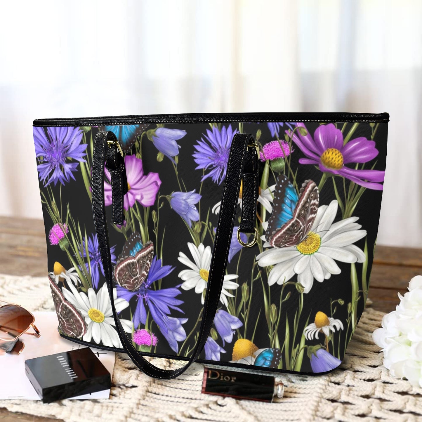 Butterfly Flowers - Leather Tote Bag-Large