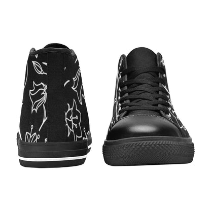 Black And White Floral - Women's High Top Canvas Shoes