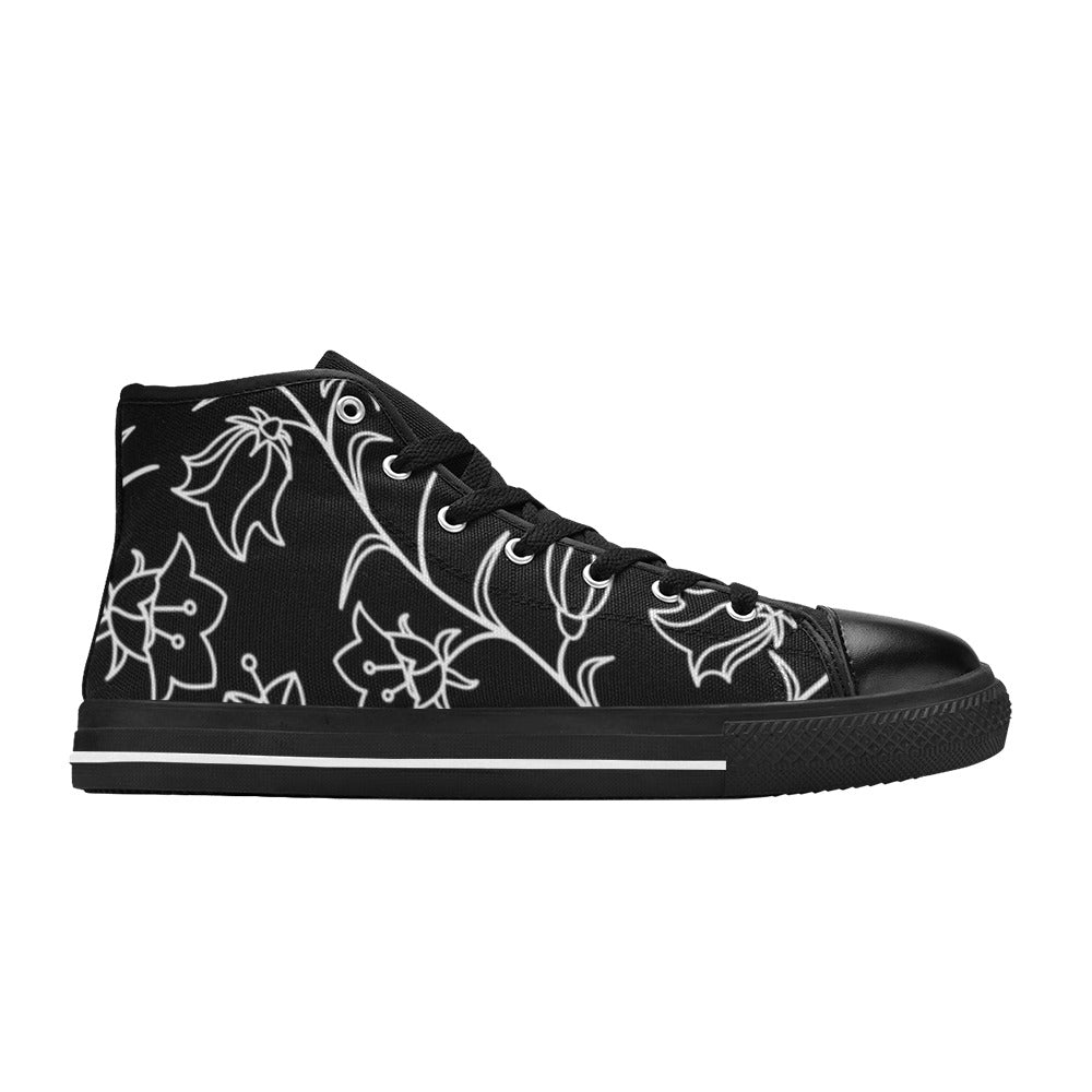 Black And White Floral - Women's High Top Canvas Shoes