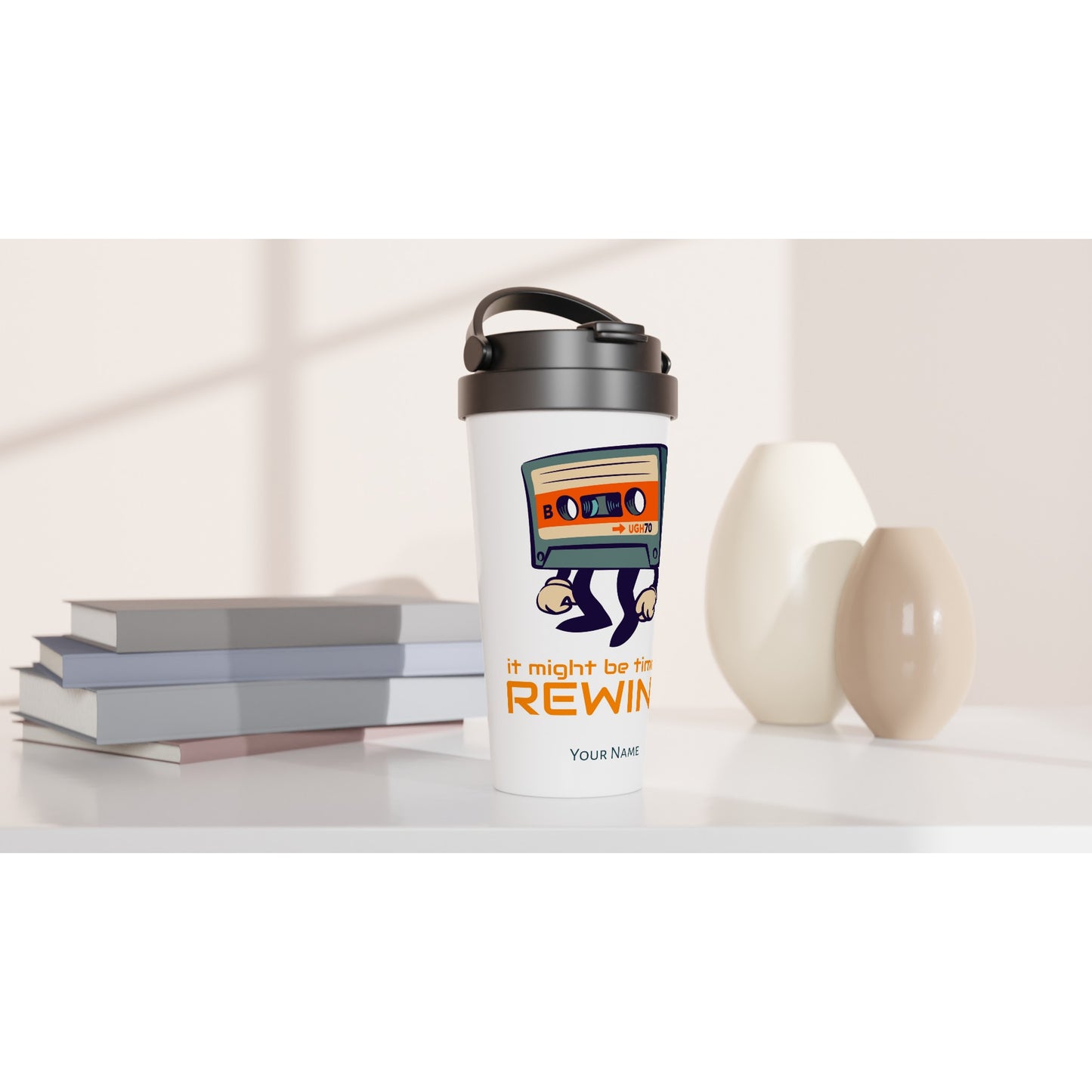 Personalised - It Might Be Time To Rewind - White 15oz Stainless Steel Travel Mug Personalised Travel Mug Music Retro