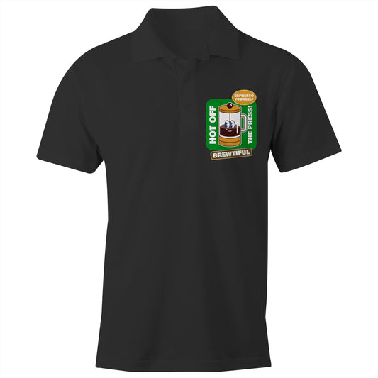Brewtiful - Chad S/S Polo Shirt, Printed Black Polo Shirt Coffee Retro