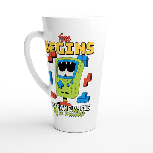 Fun Begins With The Press Of A Button - White Latte 17oz Ceramic Mug Default Title Latte Mug Games