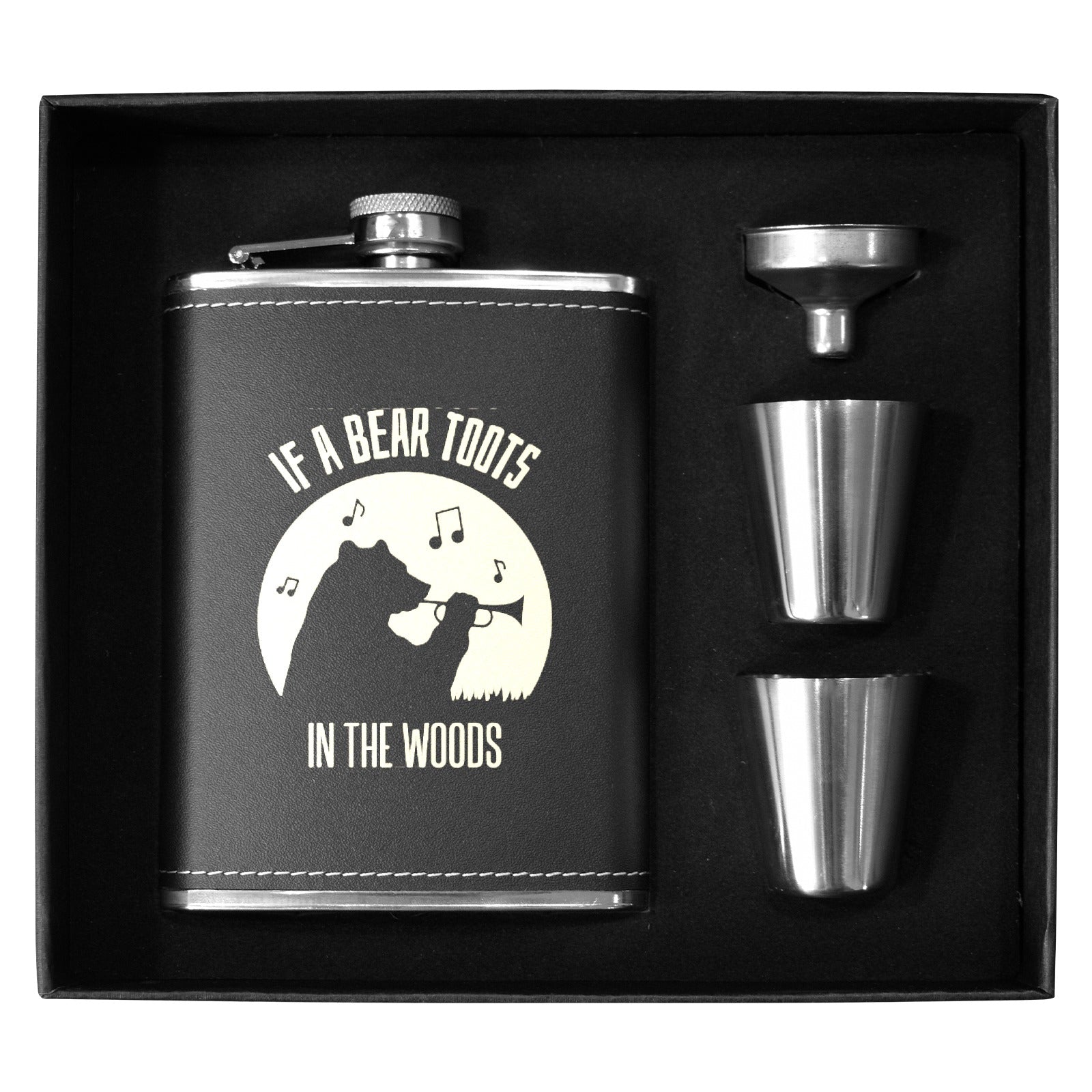 If A Bear Toots In The Woods - 8oz Black Leather Hip Flask 8oz Black Leather Hip Flask Printed Offshore