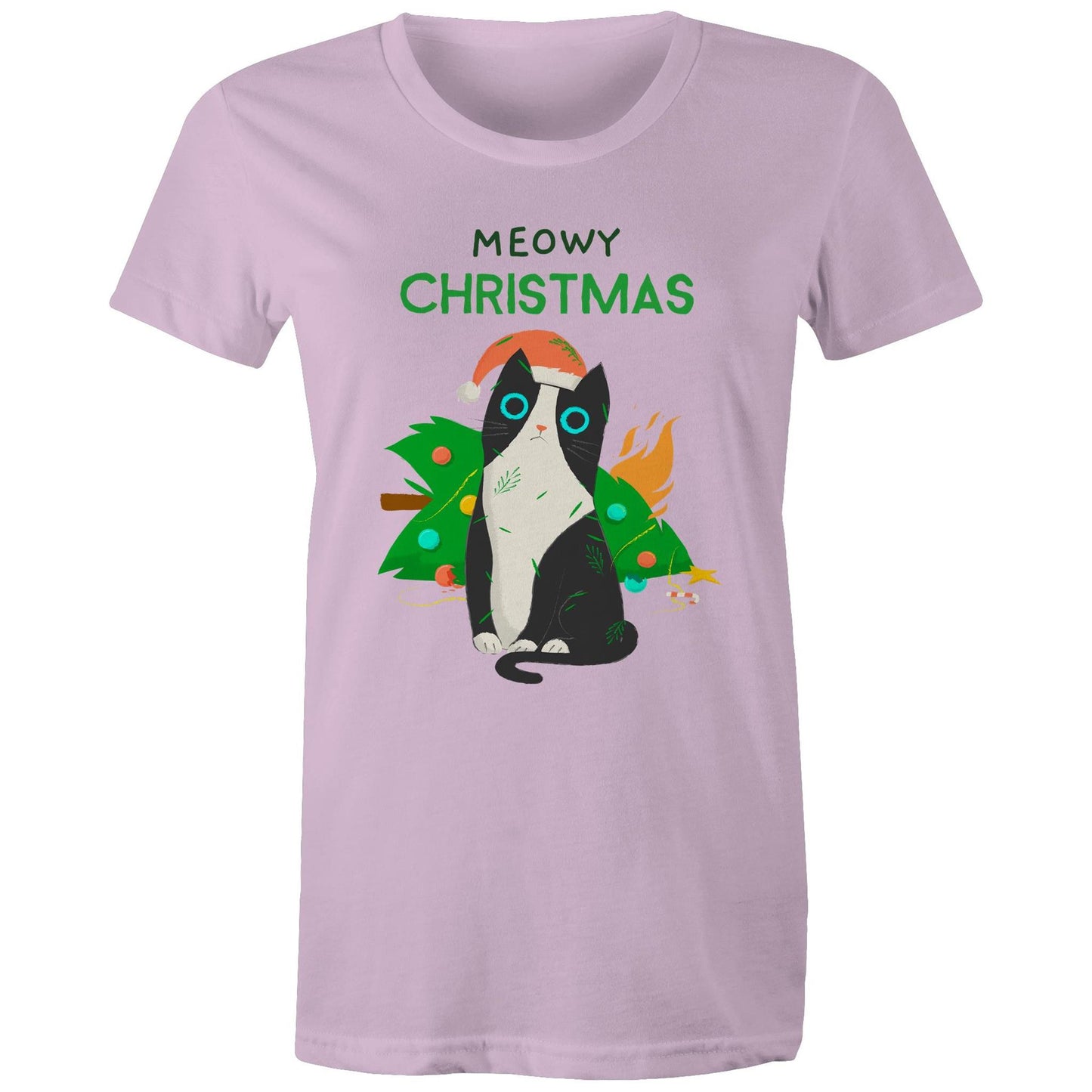 Meowy Christmas - Womens T-shirt Lavender Womens Christmas T-shirt Christmas Printed In Australia