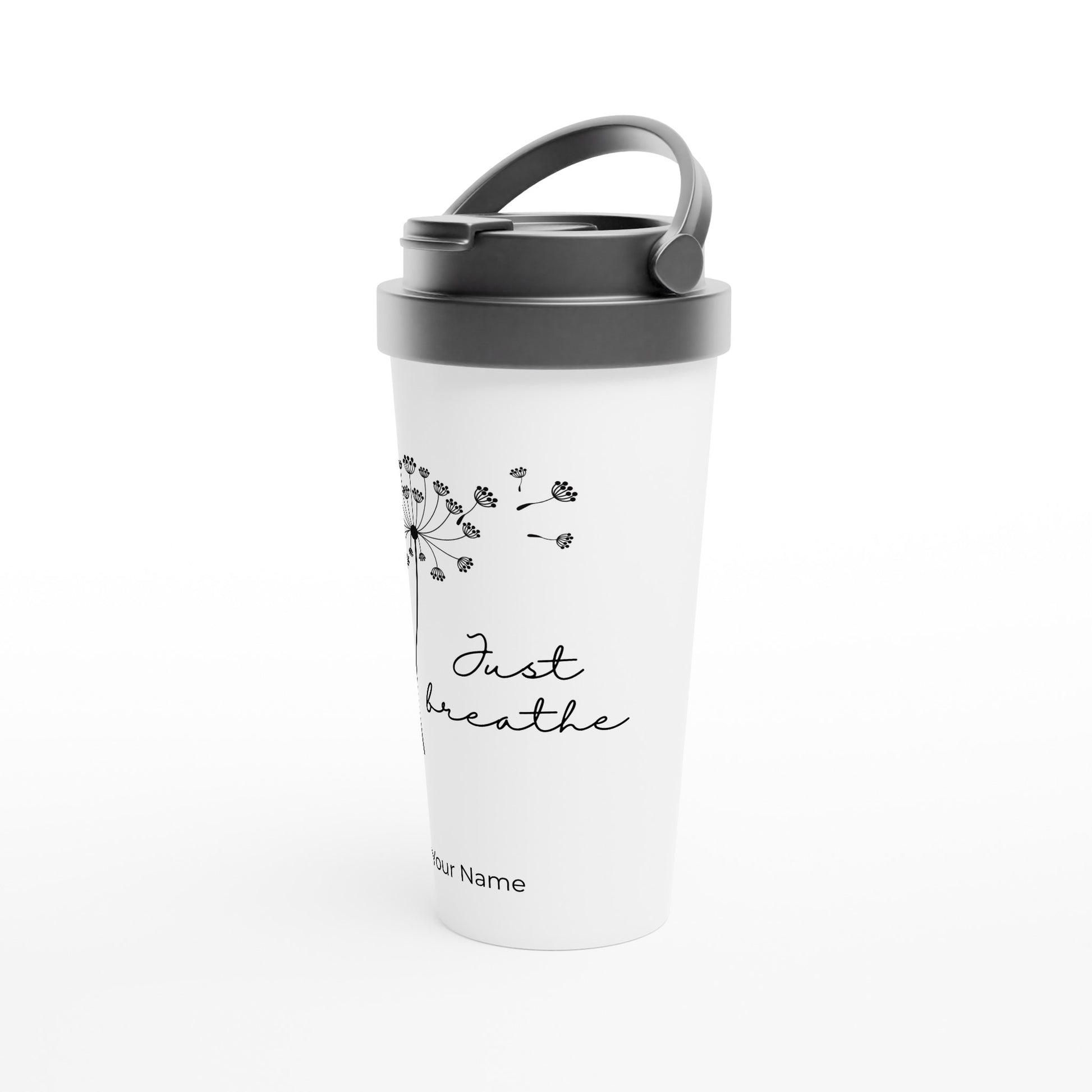 Personalised - Just Breathe - White 15oz Stainless Steel Travel Mug Personalised Travel Mug coffee motivation positivity