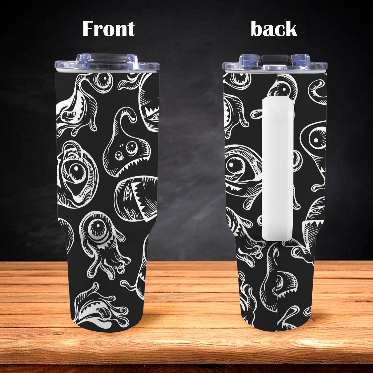 Monsters In Black And White - 40oz Tumbler with White Handle