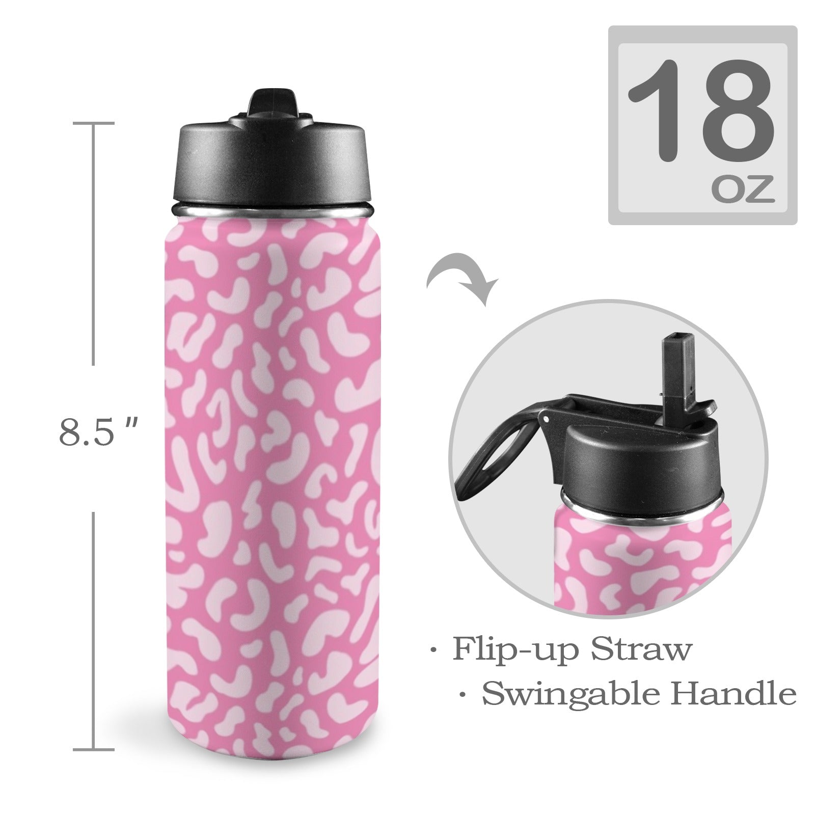 Pink Leopard - Insulated Water Bottle with Straw Lid (18oz) Insulated Water Bottle with Swing Handle