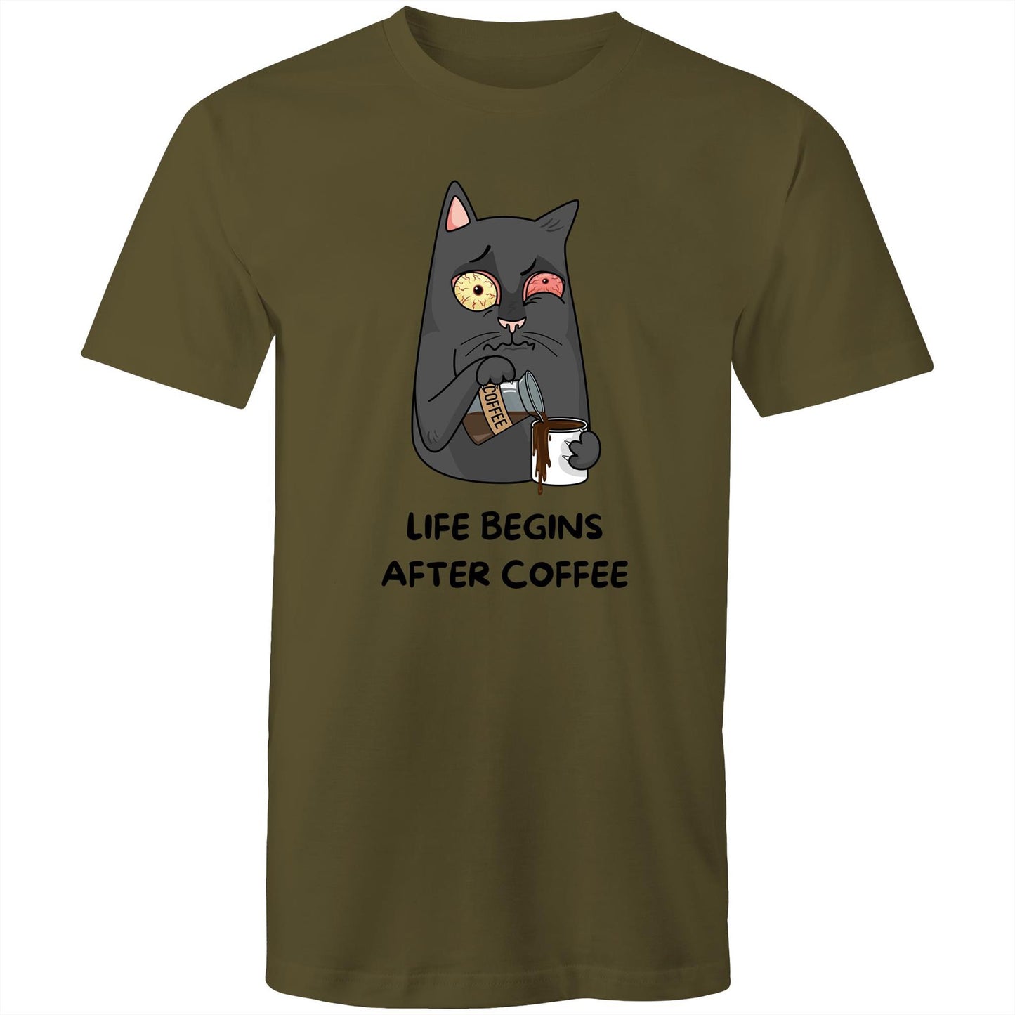 Cat, Life Begins After Coffee - Mens T-Shirt Army Green Mens T-shirt animal Coffee Funny