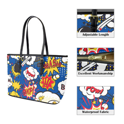 Blue Comic Book - Leather Tote Bag-Large