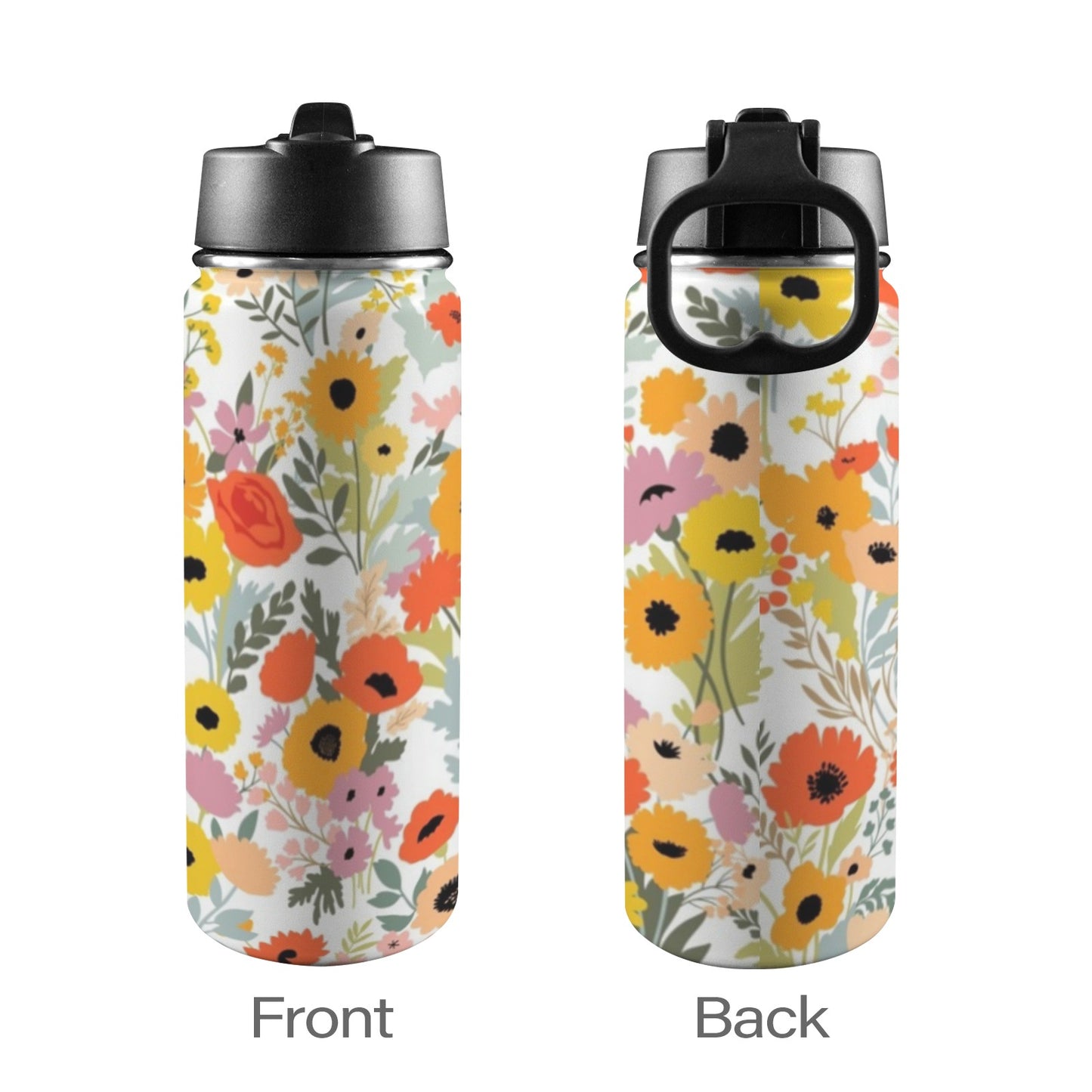 Fun Floral - Insulated Water Bottle with Straw Lid (18oz) Insulated Water Bottle with Swing Handle