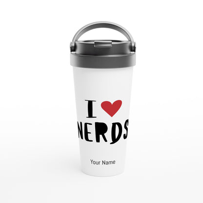 Personalised - I Love Nerds, Red Heart - White 15oz Stainless Steel Travel Mug Default Title Personalised Travel Mug Customise Funny Globally Fulfilled Personalise