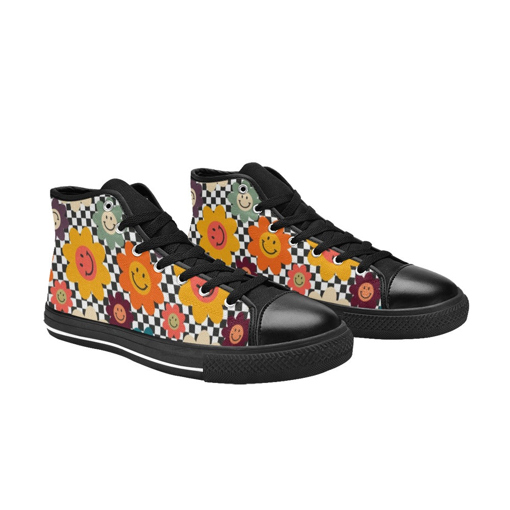 Happy Retro Flowers - Kids High Top Canvas Shoes