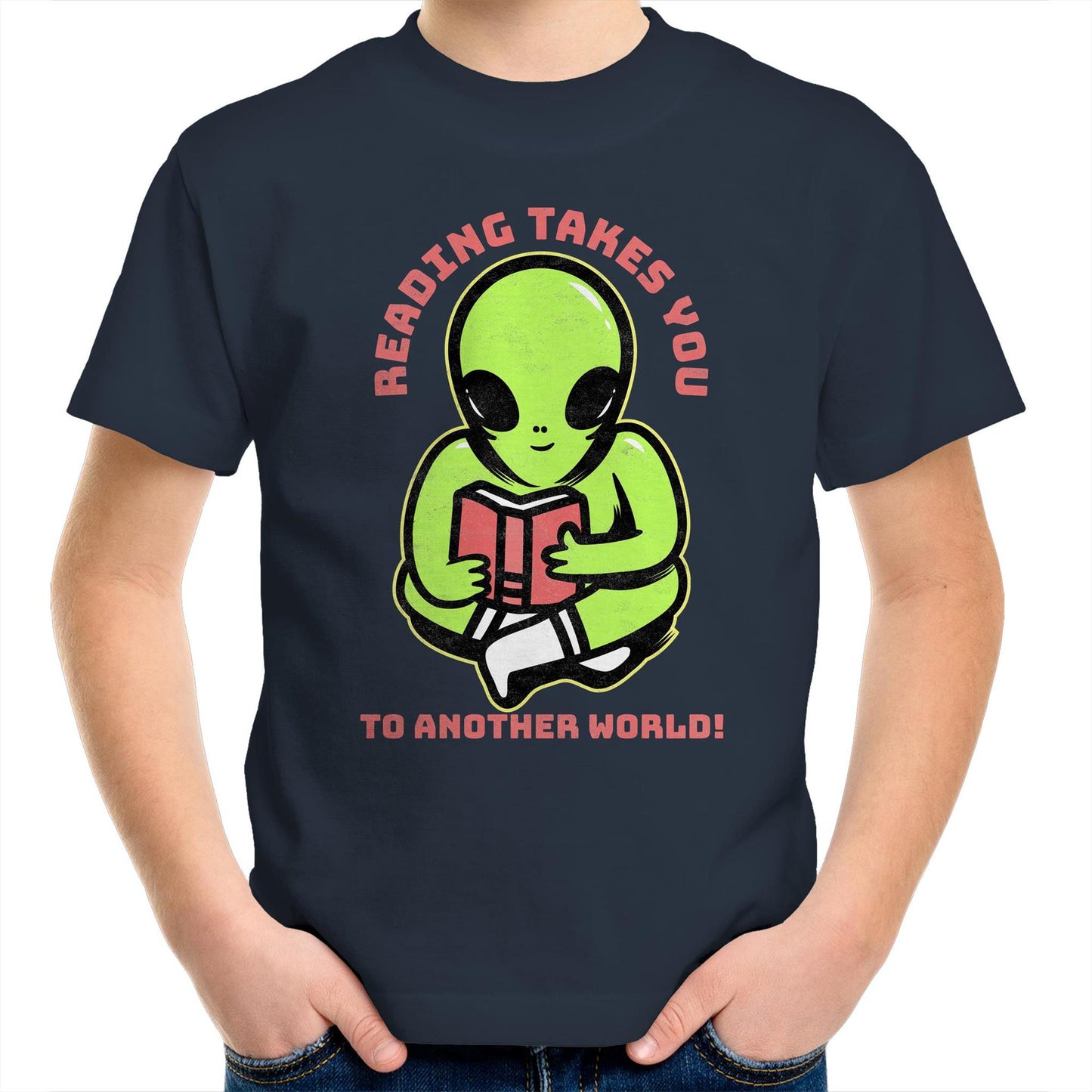 Reading Takes You To Another World, Alien - Kids Youth T-Shirt Navy Kids Youth T-shirt Reading Sci Fi