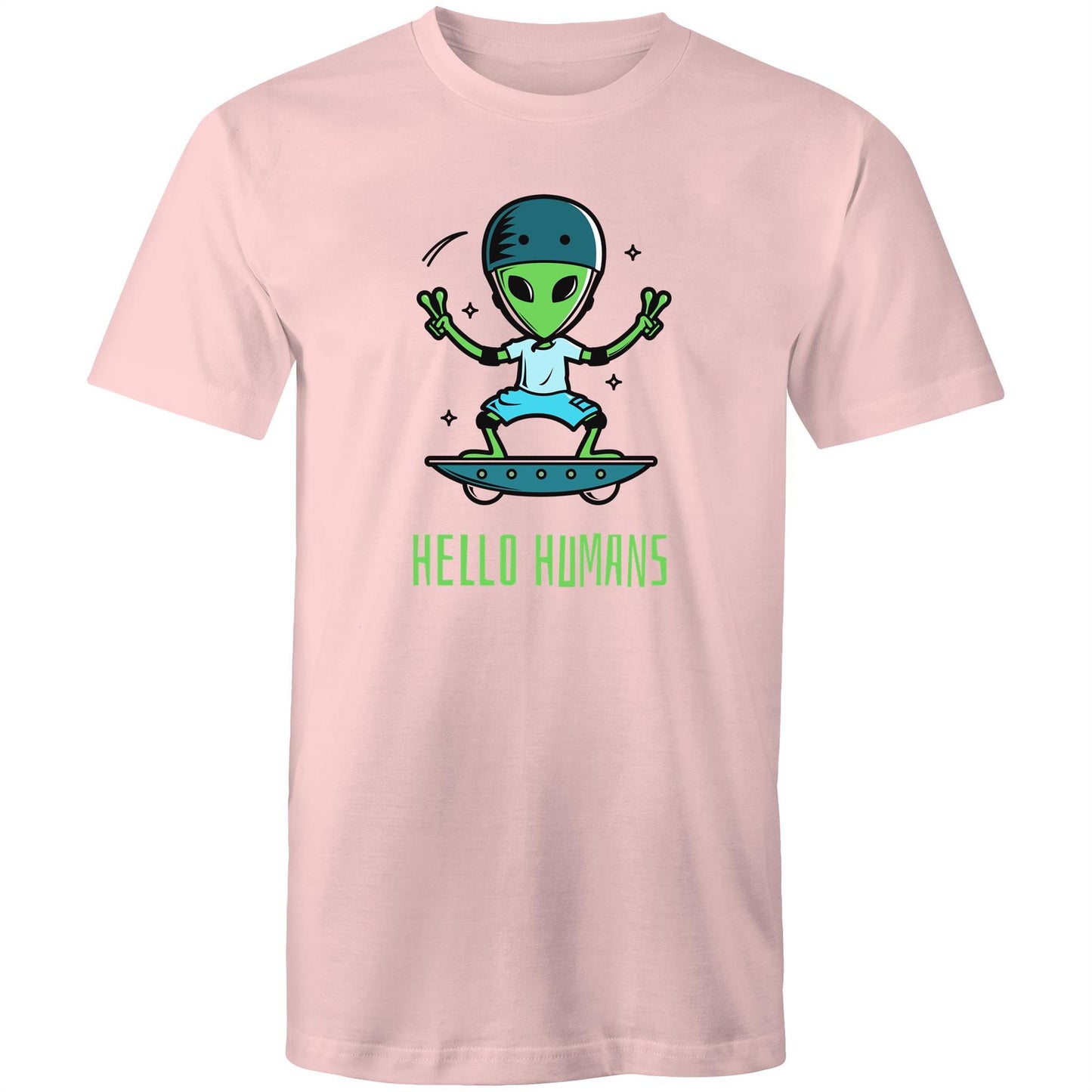 Hello Humans, Alien - Mens T-Shirt Pink Mens T-shirt Printed In Australia Sci Fi