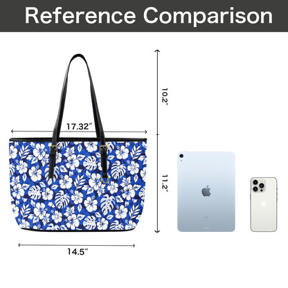 Blue Hawaiian Floral - Leather Tote Bag-Large (Front&Back Printing) (1651)