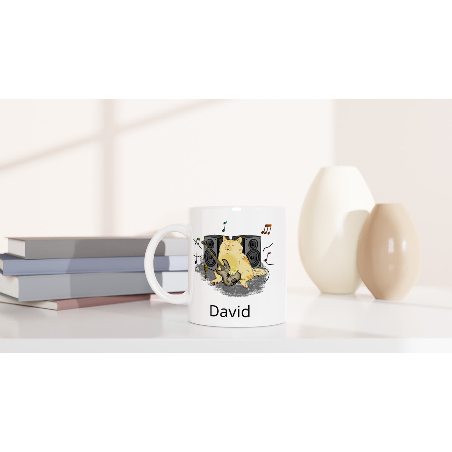 Personalise - Cat Bass Player - White 11oz Ceramic Mug Personalised Mug animal customise Globally Fulfilled Music personalise