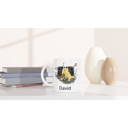 Personalise - Cat Bass Player - White 11oz Ceramic Mug Personalised Mug animal customise Globally Fulfilled Music personalise