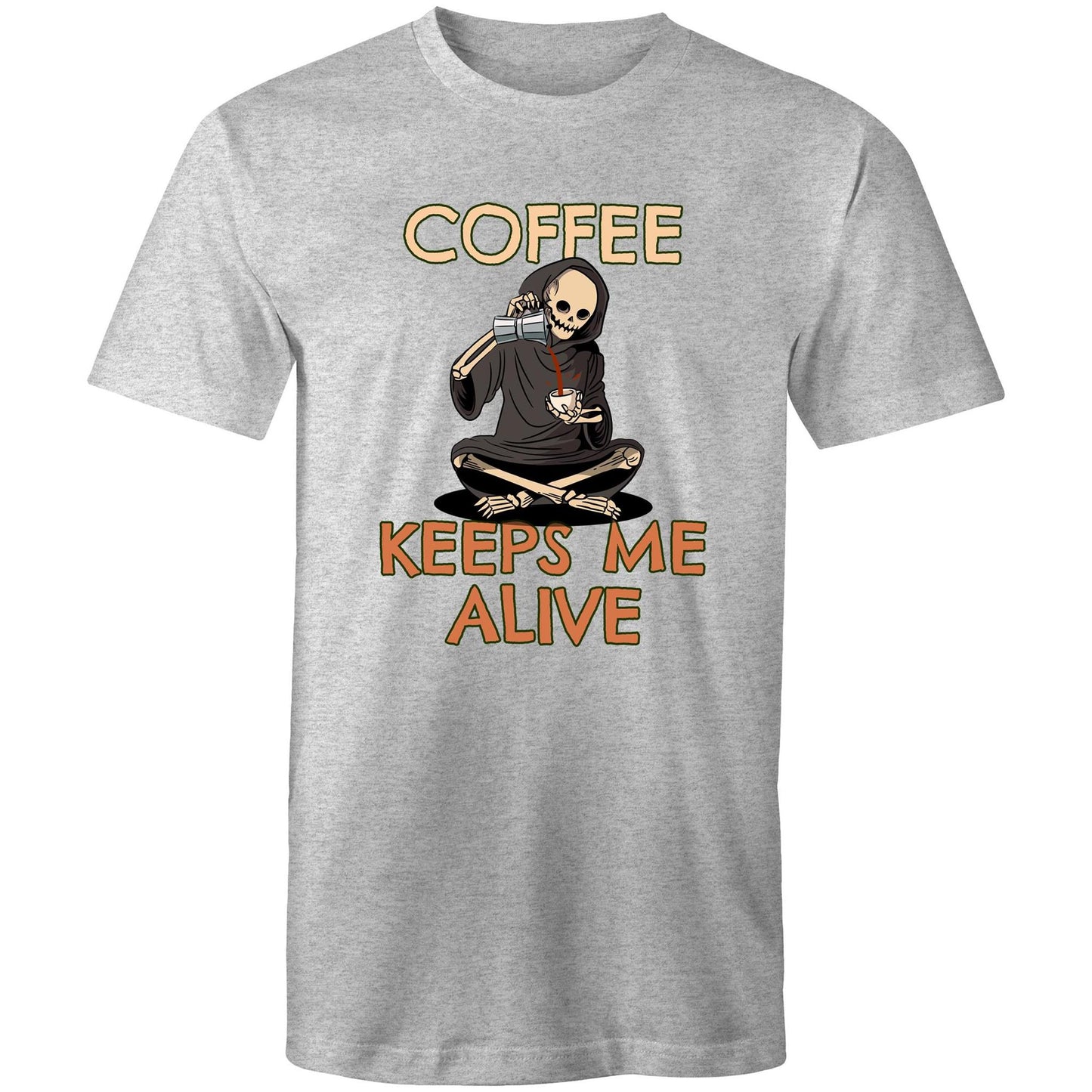 Skeleton, Coffee Keeps Me Alive - Mens T-Shirt Grey Marle Mens T-shirt Coffee