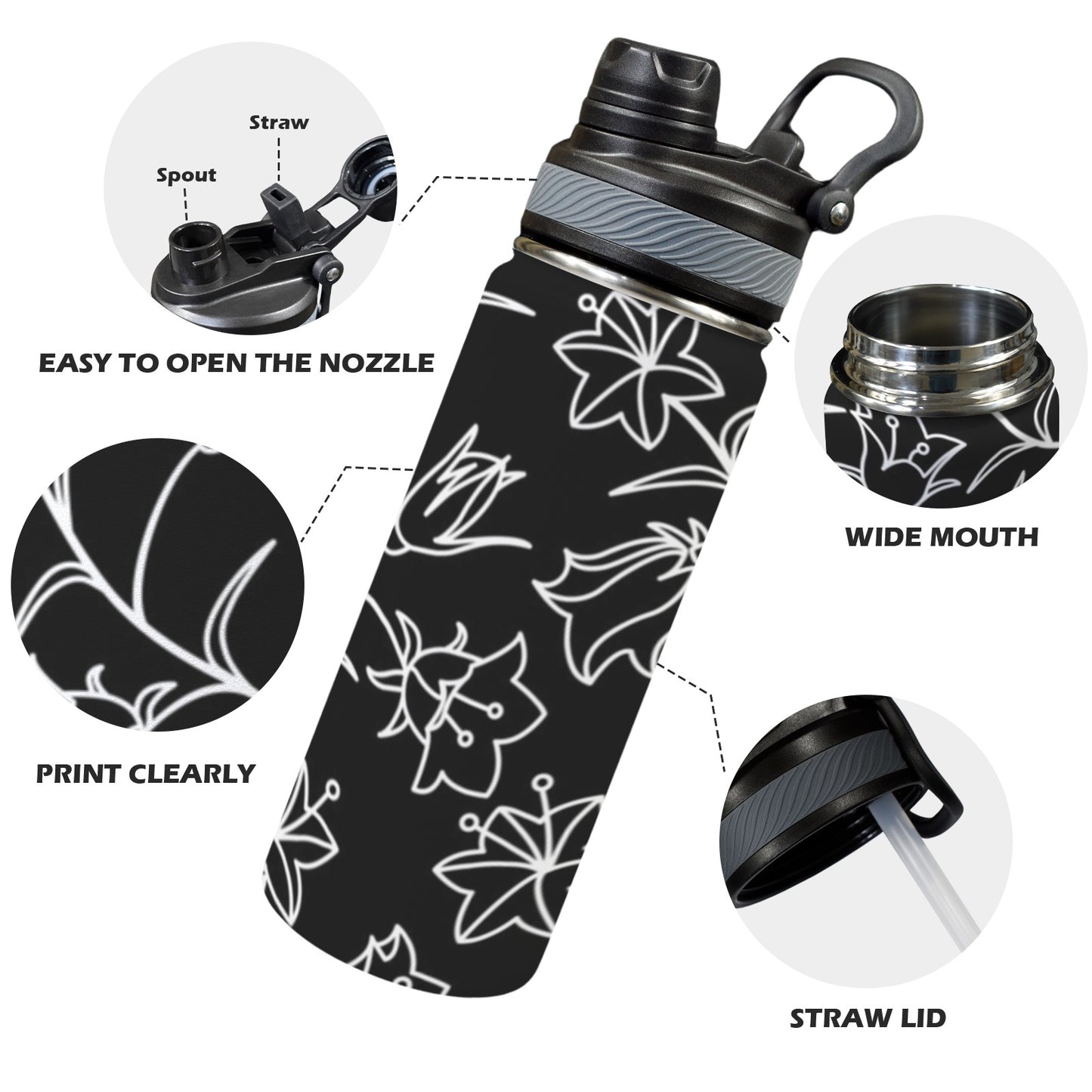 Black And White Floral - Insulated Water Bottle with Dual-Use Lid (18oz)