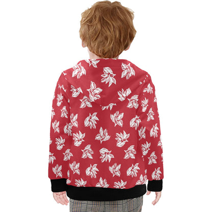 Red Retro Foliage, Hawaiian Flower - Junior Boys Zip Up Hoodie