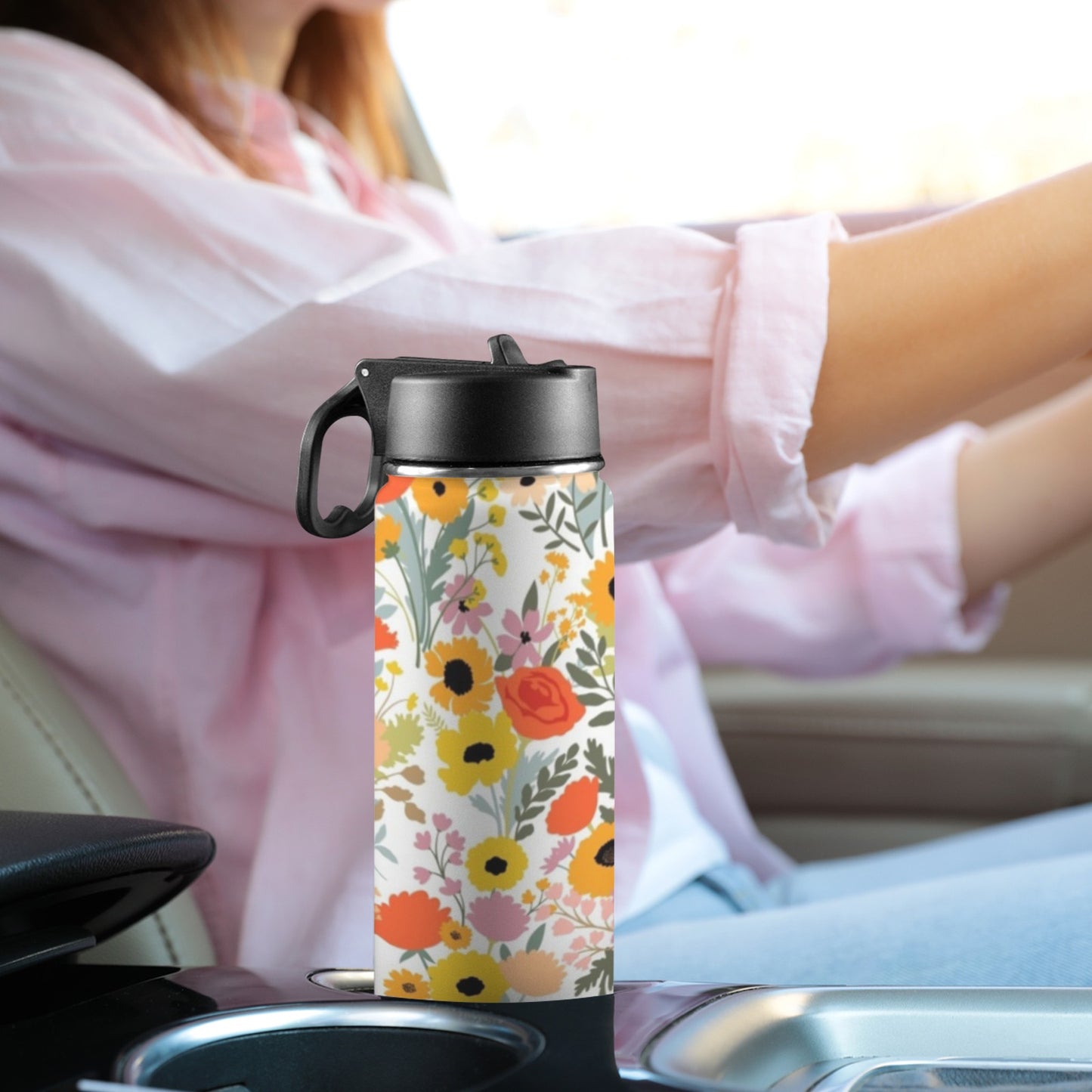 Fun Floral - Insulated Water Bottle with Straw Lid (18oz) Insulated Water Bottle with Swing Handle Printed Offshore