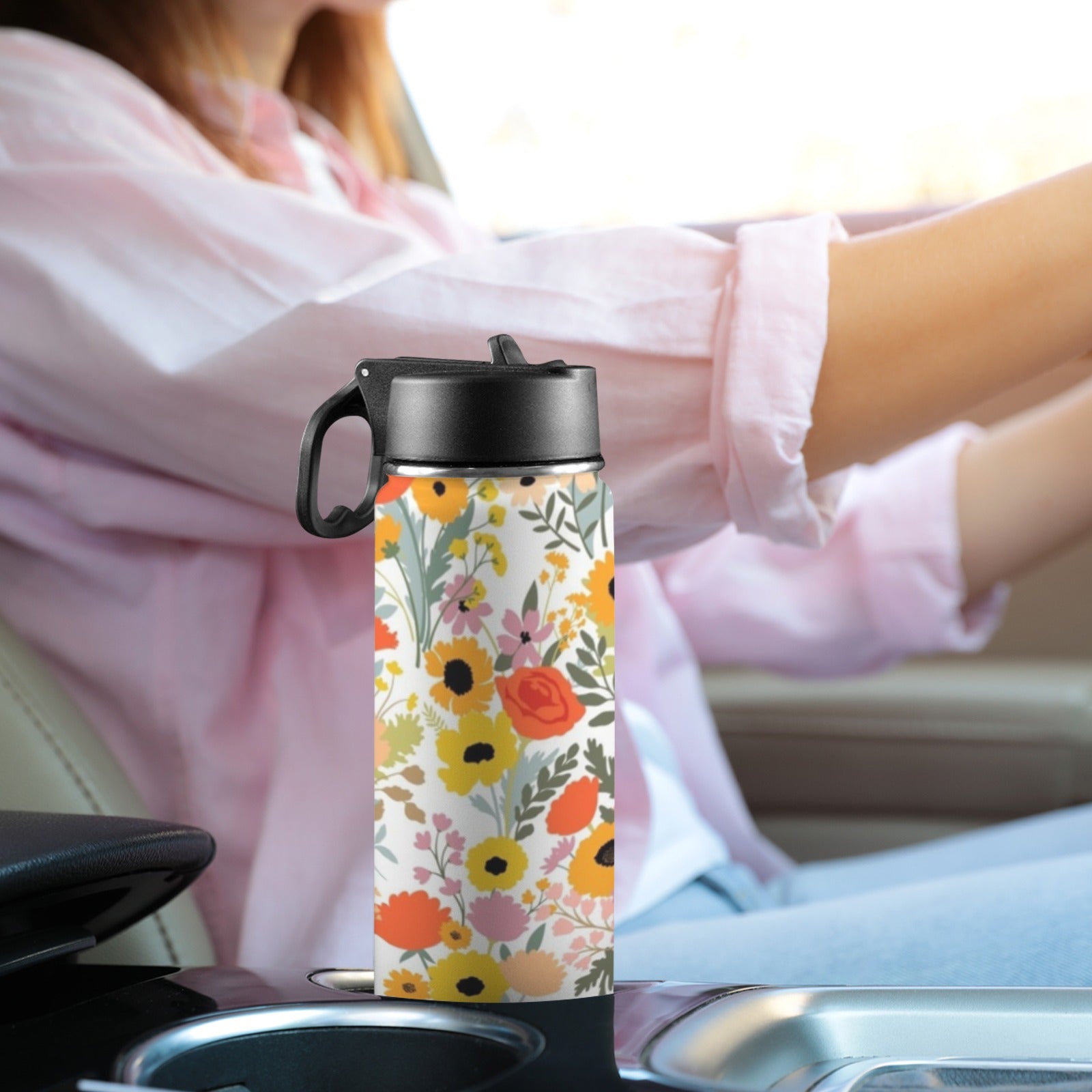 Fun Floral - Insulated Water Bottle with Straw Lid (18oz) Insulated Water Bottle with Swing Handle