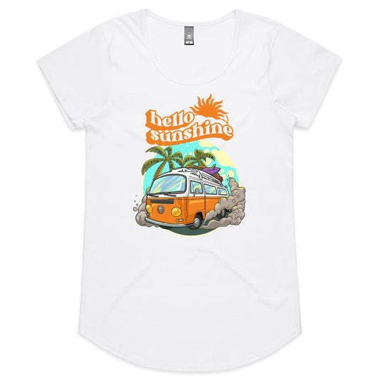 Hello Sunshine, Beach Van - Womens Scoop Neck T-Shirt White Womens Scoop Neck T-shirt Summer Surf