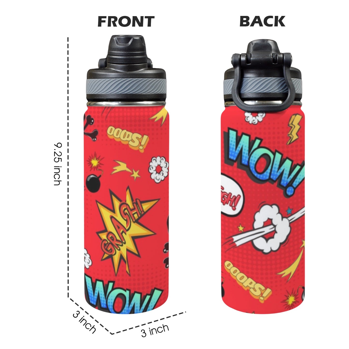 Comic Book Red - Insulated Water Bottle with Dual-Use Lid (18oz)