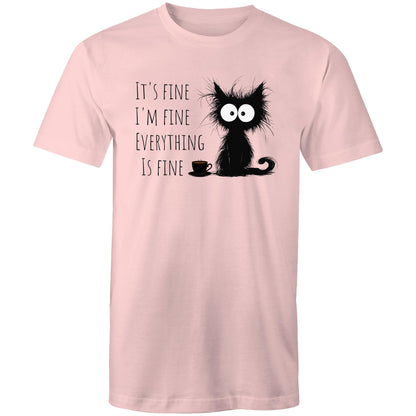 It's Fine, I'm Fine, Frazzled Cat - Mens T-Shirt Pink