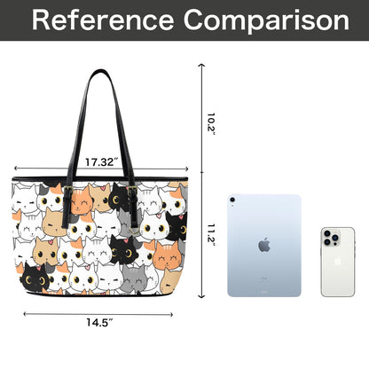 Cute Cartoon Cats - Leather Tote Bag-Large