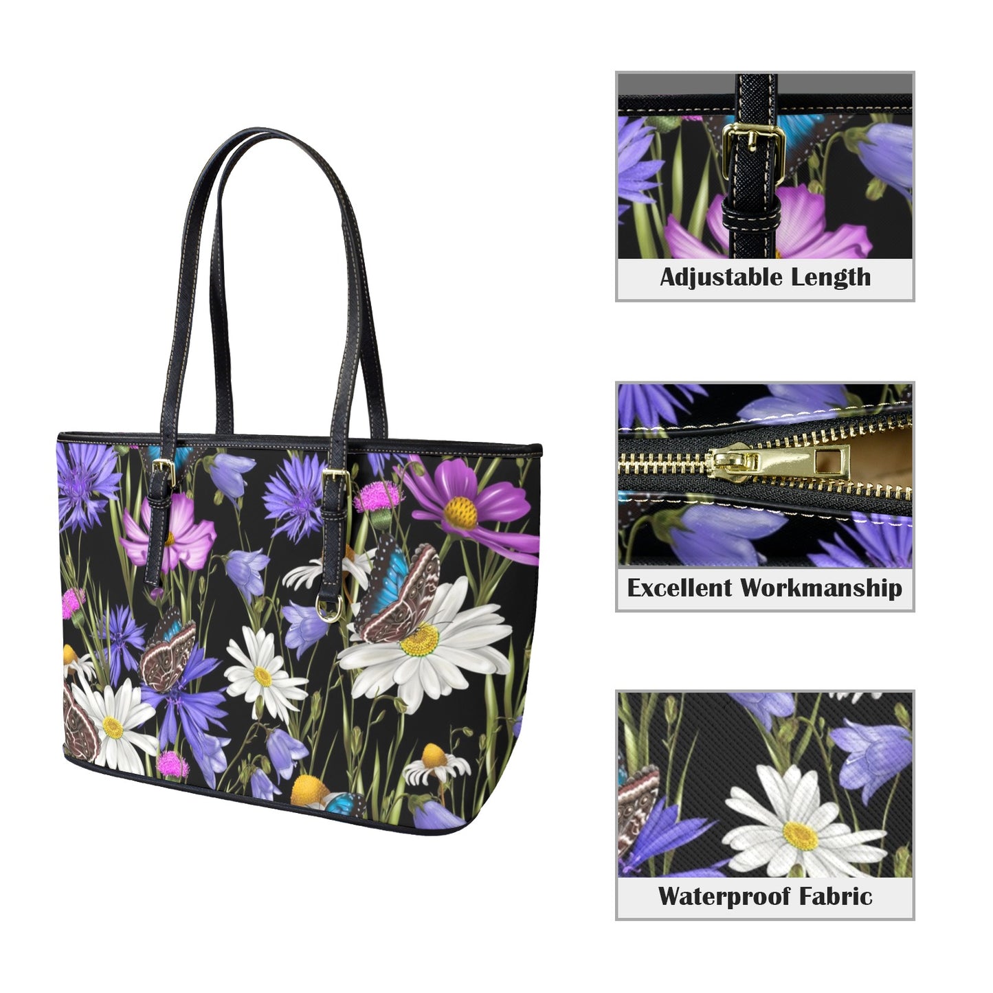 Butterfly Flowers - Leather Tote Bag-Large