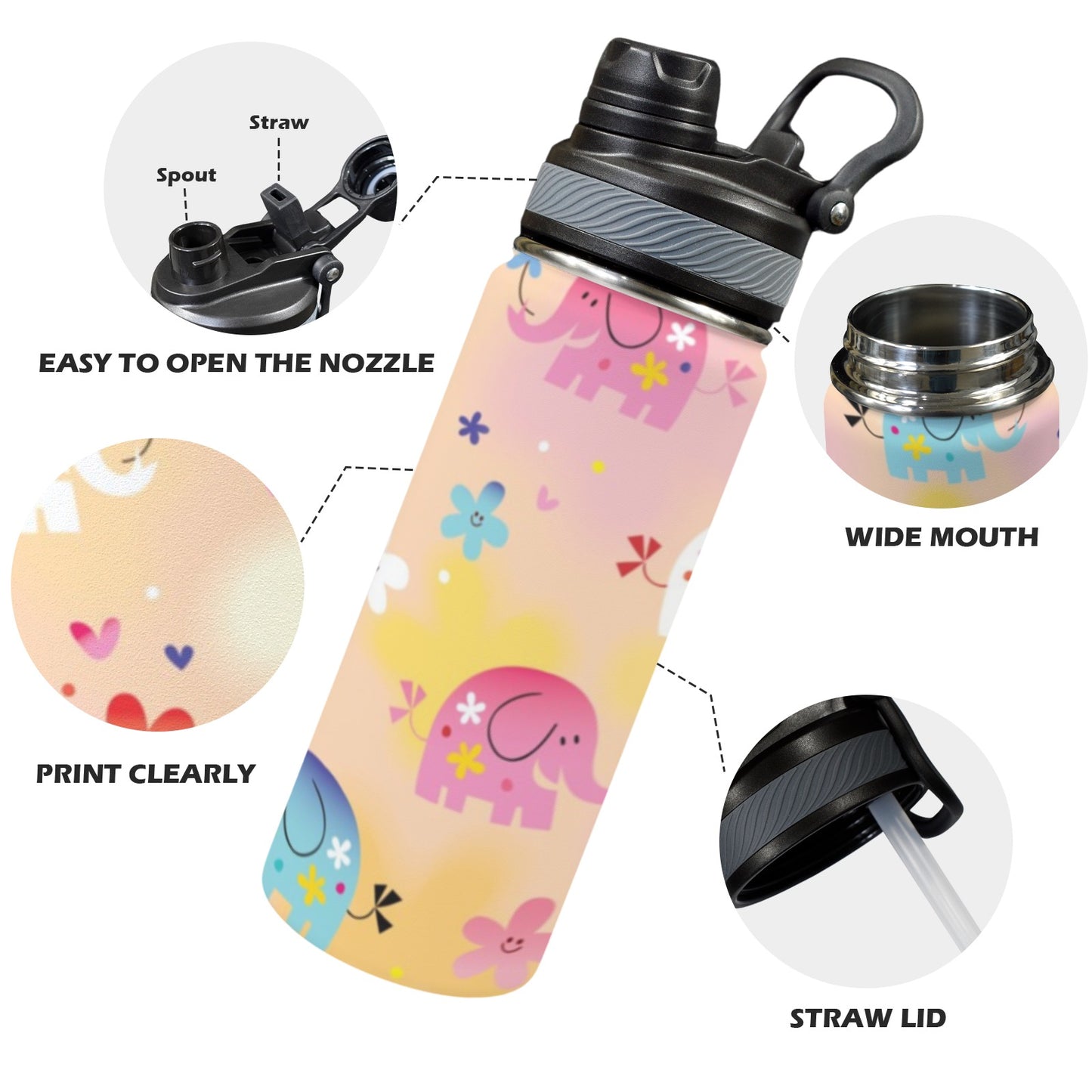 Baby Elephants - Insulated Water Bottle with Dual-Use Lid (18oz) Insulated Water Bottle with Dual-Use Lid (18oz) animal Printed Offshore