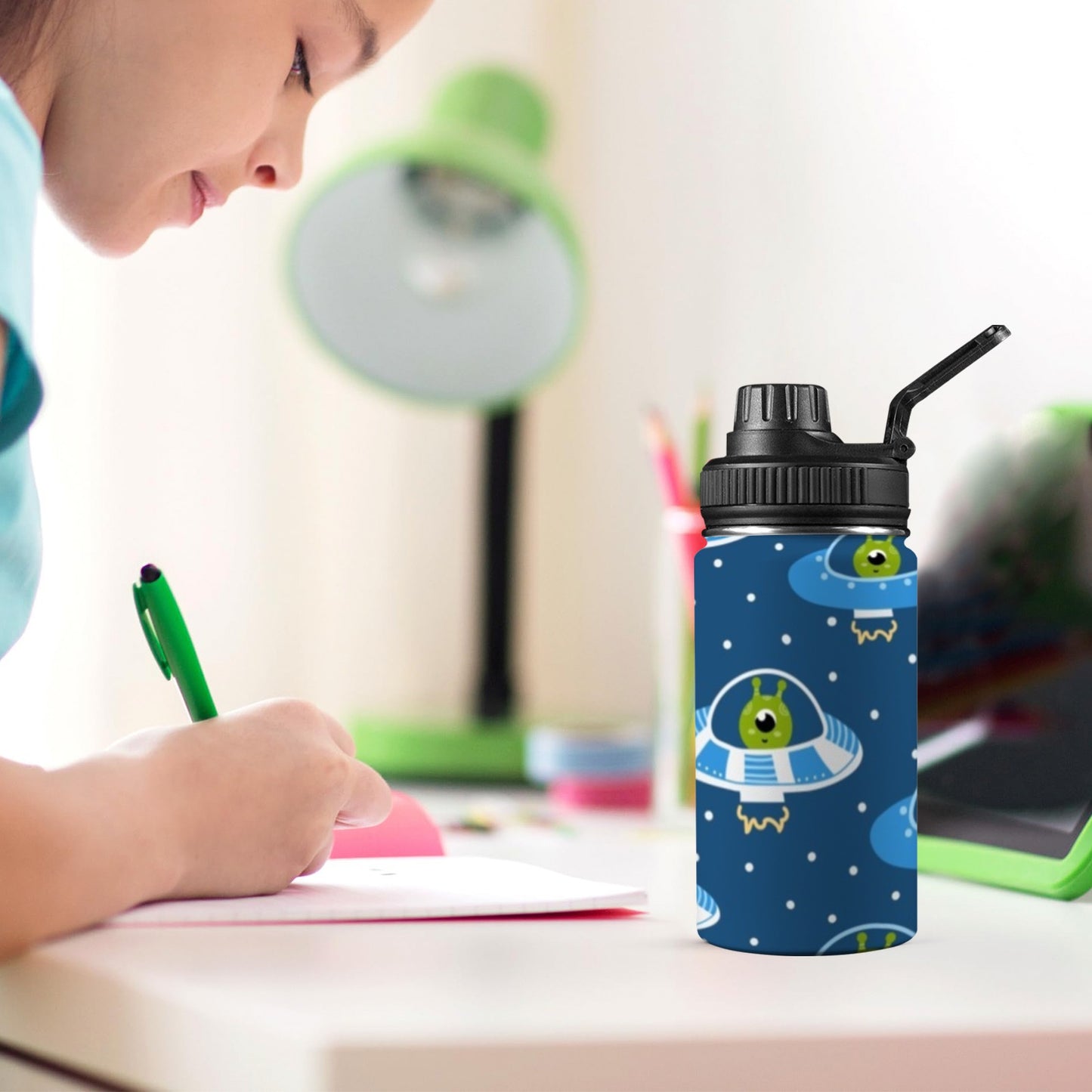 Cute Aliens in UFOs - Kids Water Bottle with Chug Lid (12 oz) Kids Water Bottle with Chug Lid Printed Offshore Sci Fi