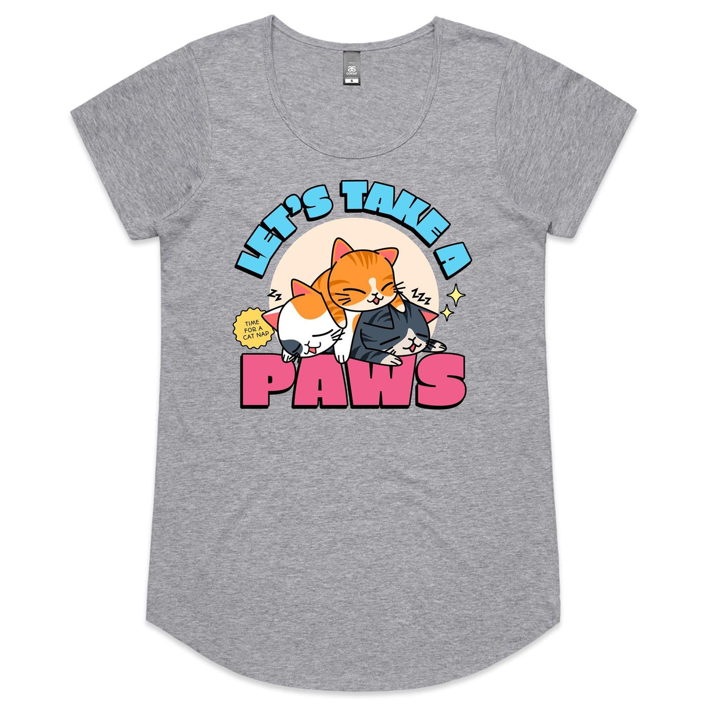 Let's Take A Paws, Time For A Cat Nap - Womens Scoop Neck T-Shirt Grey Marle Womens Scoop Neck T-shirt animal